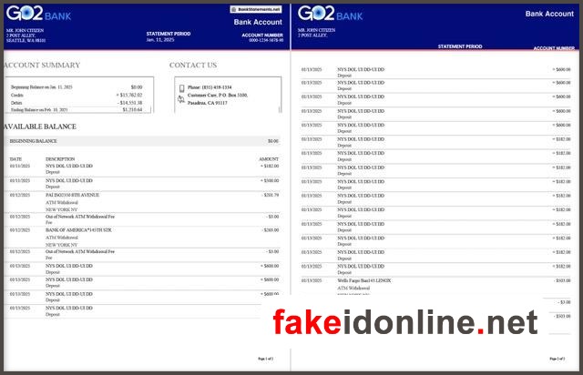 GO2Bank Editable Word Bank Statement